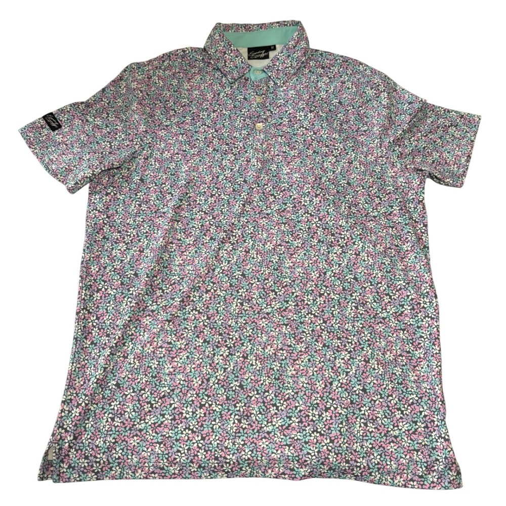 Sunday Swagger Mens Size M Flower Power Floral Performance Golf Polo Shirt Mint
